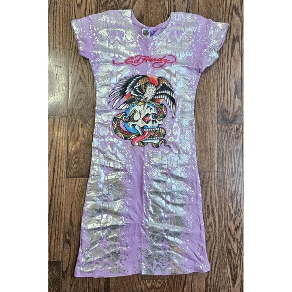Ed Hardy Tops - Vtg Y2K Ed Hardy Long T-Shirt Dress Womens S Purple Eagle Skull Snake READ